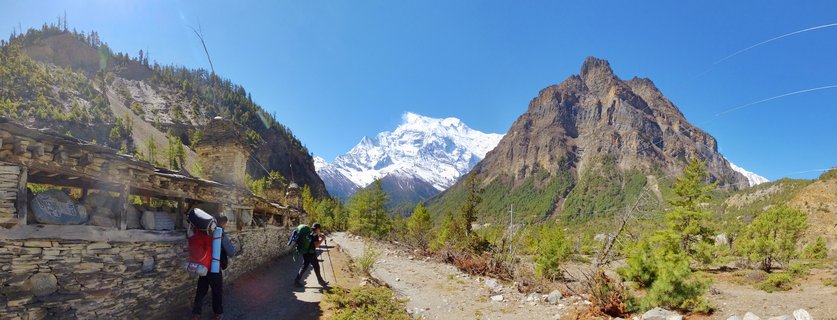 Two hikers with large backpacks walking on a mountain trail past stone buildings with snow-covered Himalayan peaks in the background under clear blue sky in Nepal
