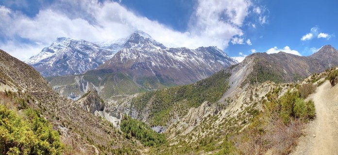 Panoramic view of snow-covered Himalayan mountain peaks rising above a green forested valley with a dirt trekking trail visible on the right side under a blue sky with white clouds