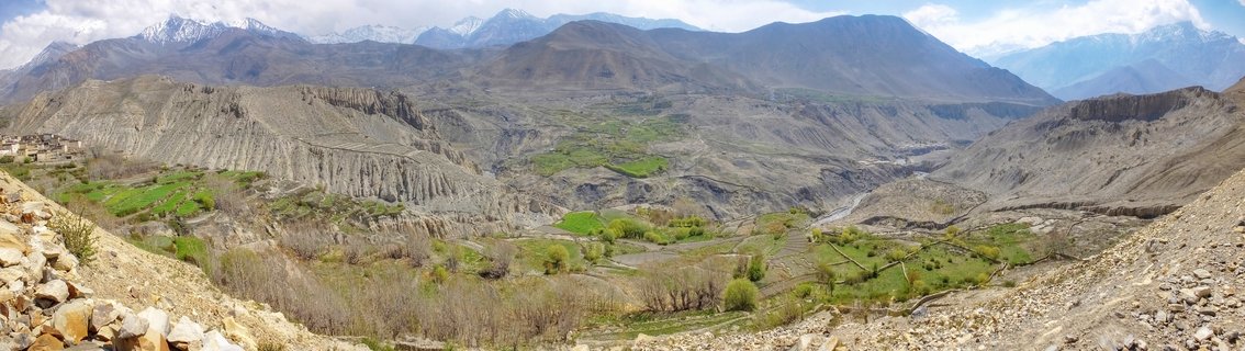 Wide mountain valley landscape showing eroded brown hills, green terraced fields, scattered trees, and snow-capped mountain peaks in the distance under a partly cloudy sky
