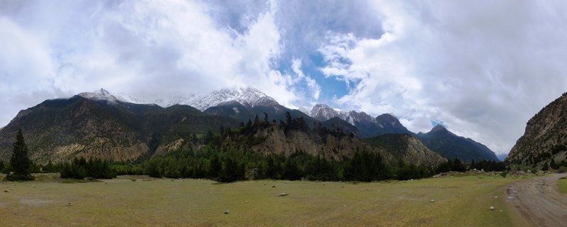Wide mountain landscape showing snow-covered Himalayan peaks above green forested hills and a grassy valley floor with cloudy sky in Nepal