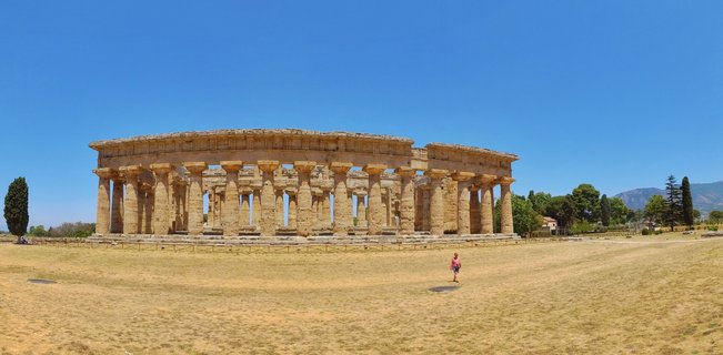 Ancient Greek Doric temple with weathered stone columns standing in an archaeological site with dry grass, Mediterranean trees, and clear blue sky