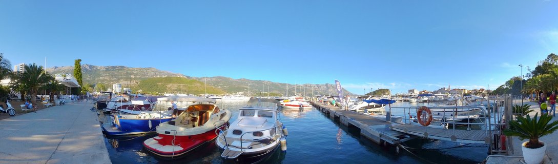 Marina with multiple boats docked at piers, mountains in background, clear blue sky, palm trees along waterfront promenade