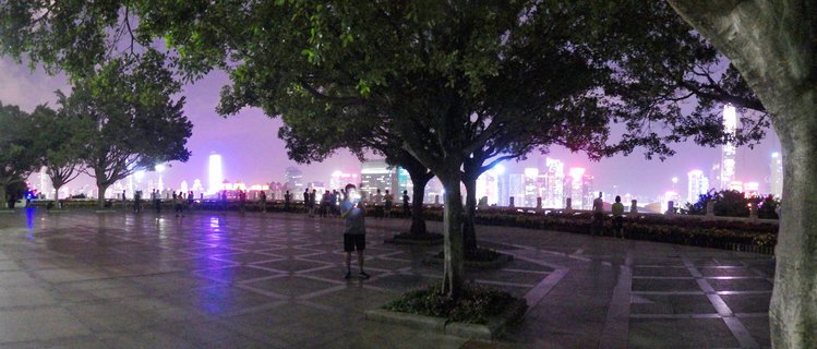 Night photograph showing people on a paved waterfront plaza with large trees, viewing an illuminated city skyline across water with purple atmospheric haze