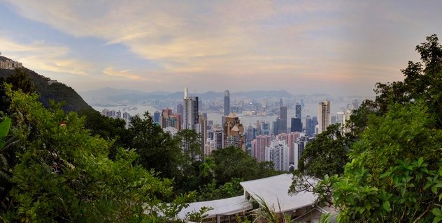 Panoramic cityscape of Hong Kong showing dense skyscrapers along Victoria Harbour with green trees in the foreground and mountains in the distance under cloudy sky