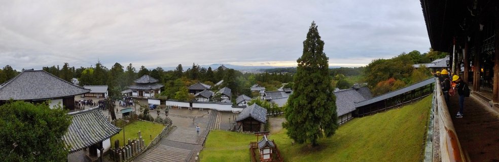 Wide panoramic photograph of Japanese temple complex showing traditional buildings with curved tiled roofs, stone pathways, green lawns, tall evergreen tree, and visitors on wooden veranda under overcast sky