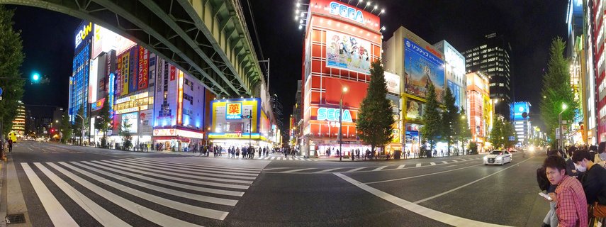 Wide night street view of Akihabara Tokyo showing illuminated multi-story buildings with neon signs, SEGA arcade, elevated train tracks, crosswalk, and pedestrians