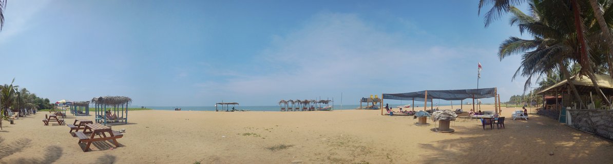 Wide panoramic beach scene showing golden sand, multiple thatched-roof cabanas, wooden picnic tables, coconut palm trees on both sides, blue ocean horizon, and clear sky with light clouds