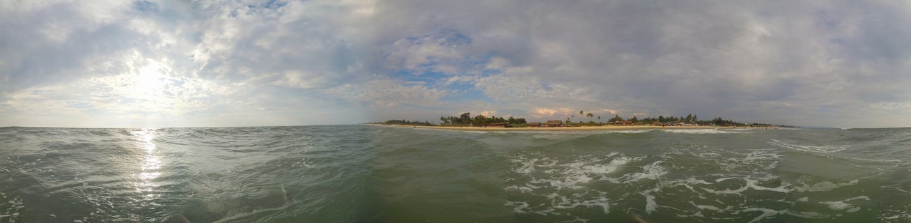 Panoramic ocean view showing green-blue sea waves with white foam, a distant coastline with palm trees and vegetation, and a cloudy sky with sun breaking through on the left side