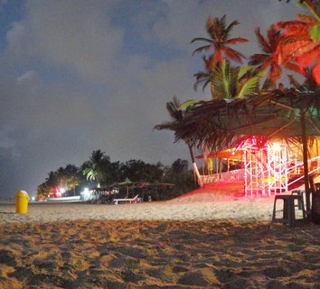 Night photograph of a lit beach shack with thatched roof and palm trees on sandy beach in Goa, India, with yellow trash bin visible in foreground