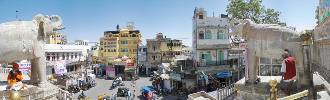 Two large white stone elephant statues at temple entrance overlooking a busy street with colorful buildings, auto-rickshaws, and pedestrians in Udaipur, India
