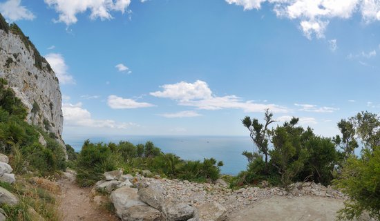 Panoramic view of the Rock of Gibraltar showing white limestone cliffs on the left, green Mediterranean vegetation in the foreground, rocky terrain with a dirt path, and blue sea extending to the horizon under a partly cloudy sky