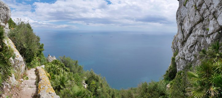 Panoramic coastal landscape showing Mediterranean Sea viewed between limestone cliffs with palm trees, stone pathway, and cargo ships on the horizon under partly cloudy sky