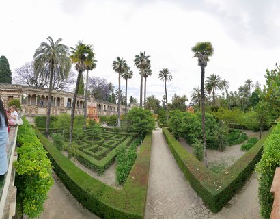 Formal gardens with geometric hedge patterns, tall palm trees, and a historic stone building with arches at the Real Alcázar of Seville, Spain