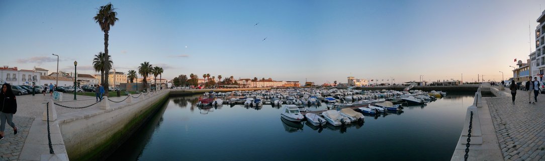 Panoramic view of a marina harbor in Faro, Portugal showing numerous small white boats docked in calm blue water, with palm trees, cobblestone walkways, and people walking along the waterfront promenade during evening golden hour