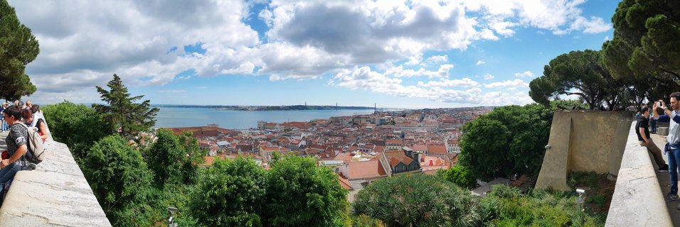 Panoramic cityscape of Lisbon showing red-tiled rooftops, green trees in foreground, Tagus River and suspension bridge in distance under blue sky with white clouds, tourists visible at stone viewpoint walls on both sides