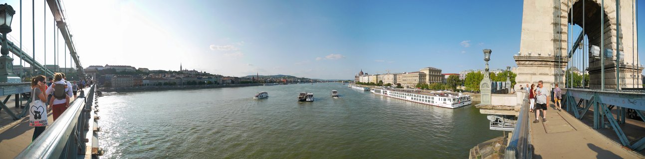 Panoramic view of the Chain Bridge in Budapest showing the Danube River with cruise ships, pedestrians on the bridge walkway, and historic buildings along both riverbanks under a clear blue sky