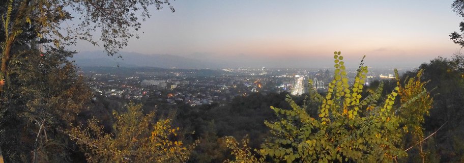 Panoramic view of Almaty city at twilight with illuminated buildings, tree foliage in foreground, and mountain range visible in hazy distance under gradient sky