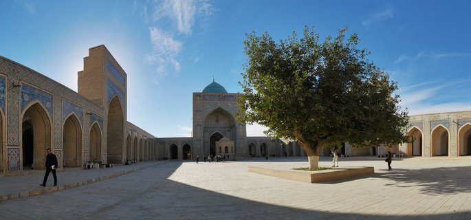Wide courtyard surrounded by buildings with blue mosaic tilework and arched entrances, a large tree in the center, people walking on stone pavement under clear blue sky
