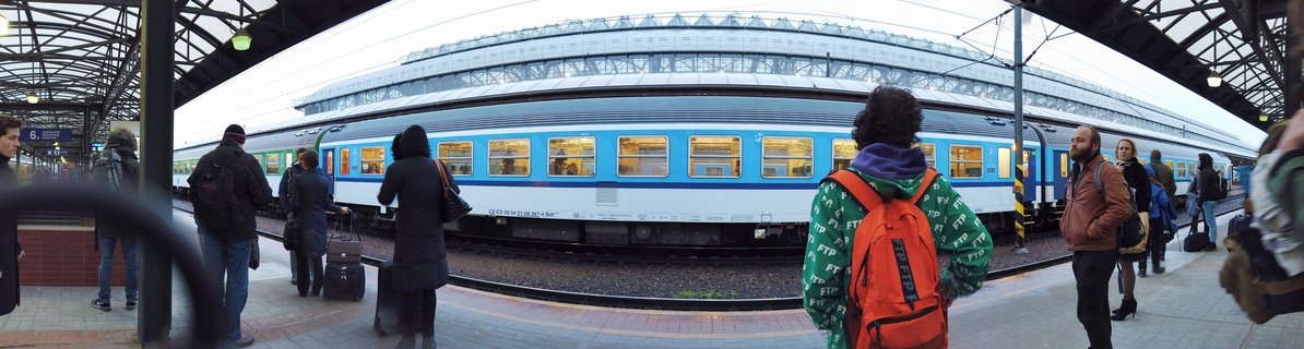 People waiting on a train station platform with a blue and white passenger train stopped at the platform under a metal and glass roof structure