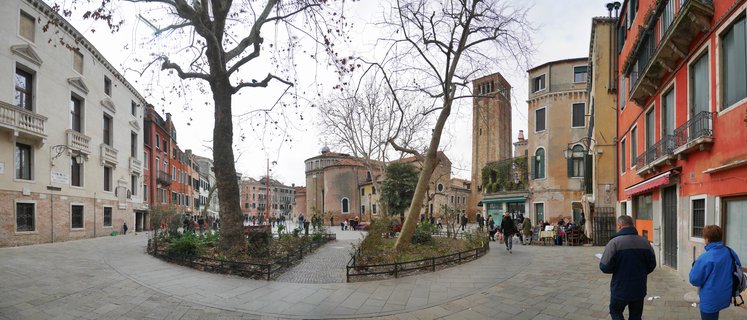 Campo San Trovaso square with church and bell tower in Venice, Italy
