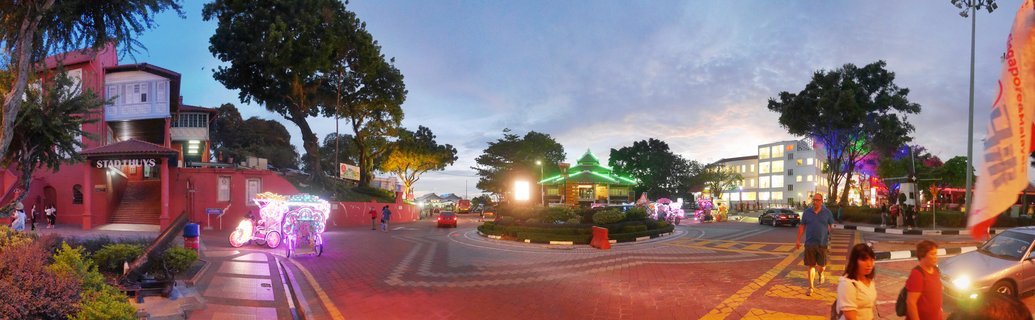 Stadthuys Red Square at Blue Hour with Illuminated Trishaws, Melaka, Malaysia