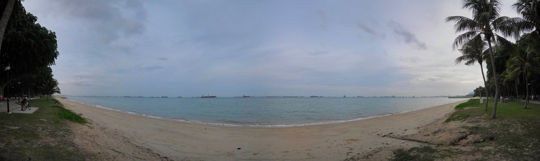 Wide panoramic beach scene showing sandy shoreline curving along calm blue-green water with cargo ships on the horizon, palm trees on the right, and tropical vegetation with a pathway on the left under cloudy sky