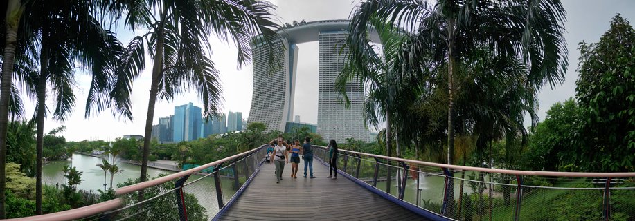 A wooden boardwalk with people walking, framed by palm trees, leading toward the Marina Bay Sands hotel complex in Singapore with city skyline in background