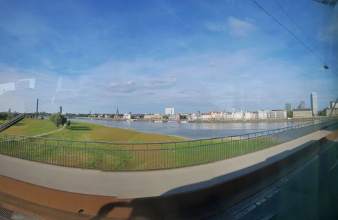 Düsseldorf cityscape and Rhine River with Oberkasseler Bridge, Germany