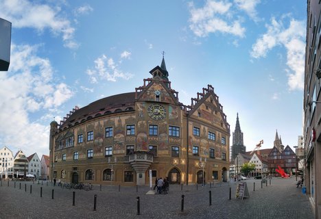 Ulm Town Hall with Astronomical Clock and Frescoed Facade in Marktplatz, Germany