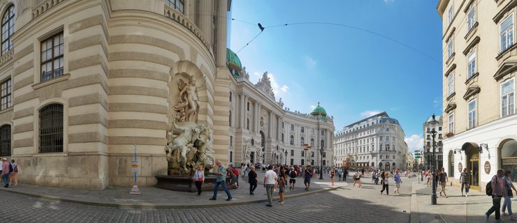 Michaelerplatz Square with Hofburg Palace Dome and Baroque Fountain, Vienna, Austria