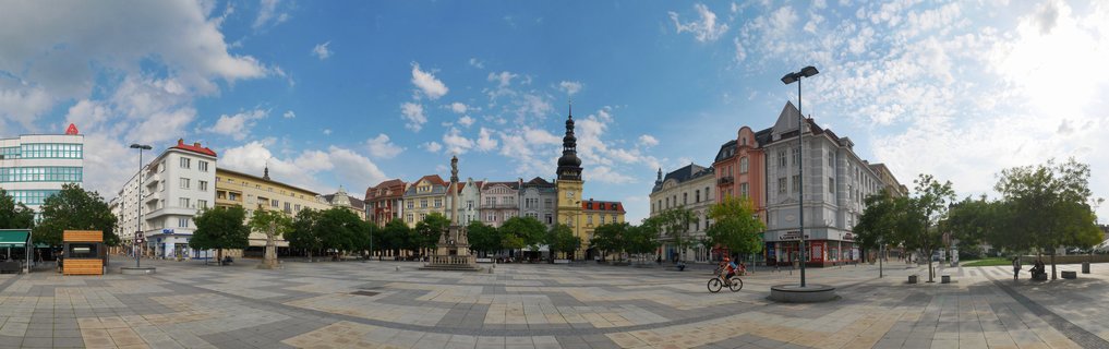 Masarykovo Náměstí Town Square with Historic Buildings and Church Tower in Ostrava, Czech Republic