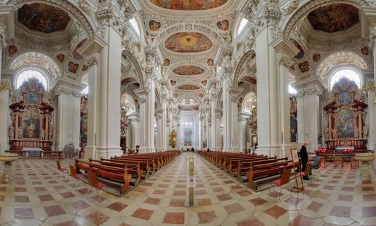 Baroque Interior of St. Stephen's Cathedral in Passau, Germany with Ornate Ceiling Frescoes